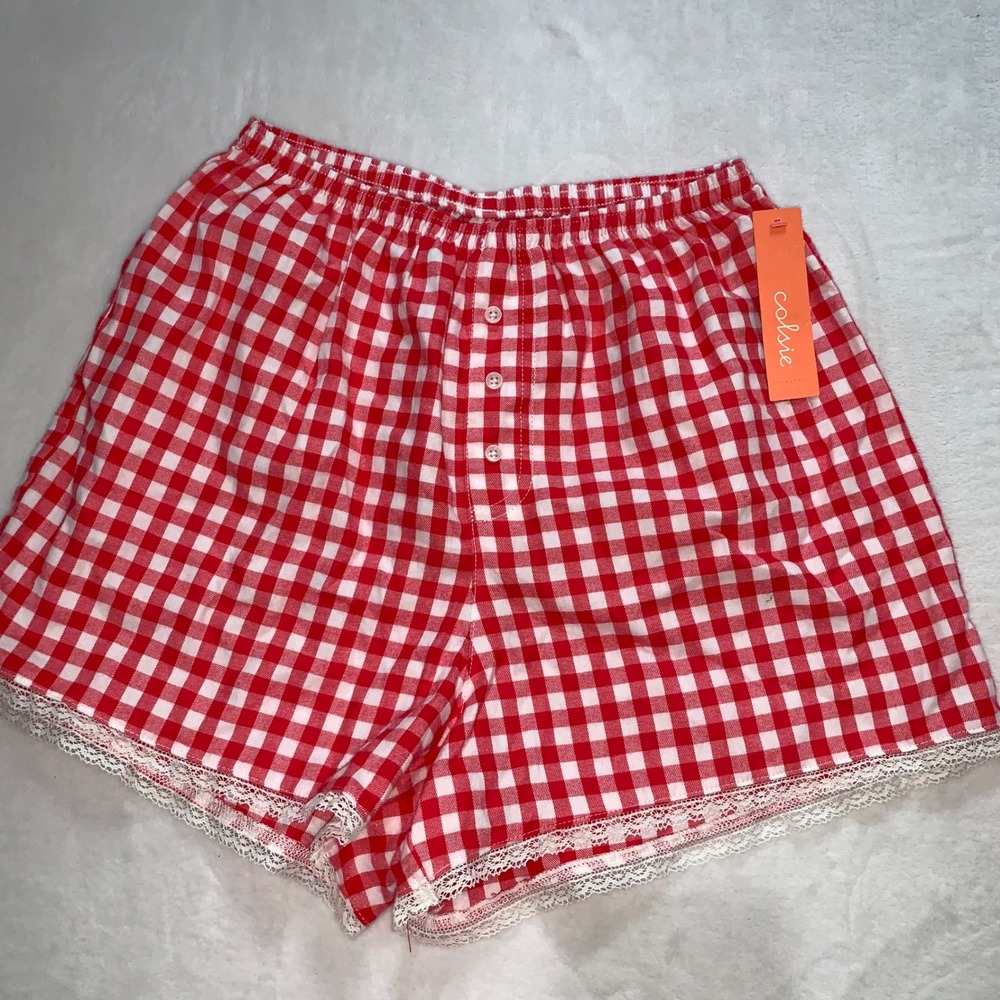 Colsie red white gingham pajamas set smocked spaghetti strap top shorts size XS - Picture 10 of 11
